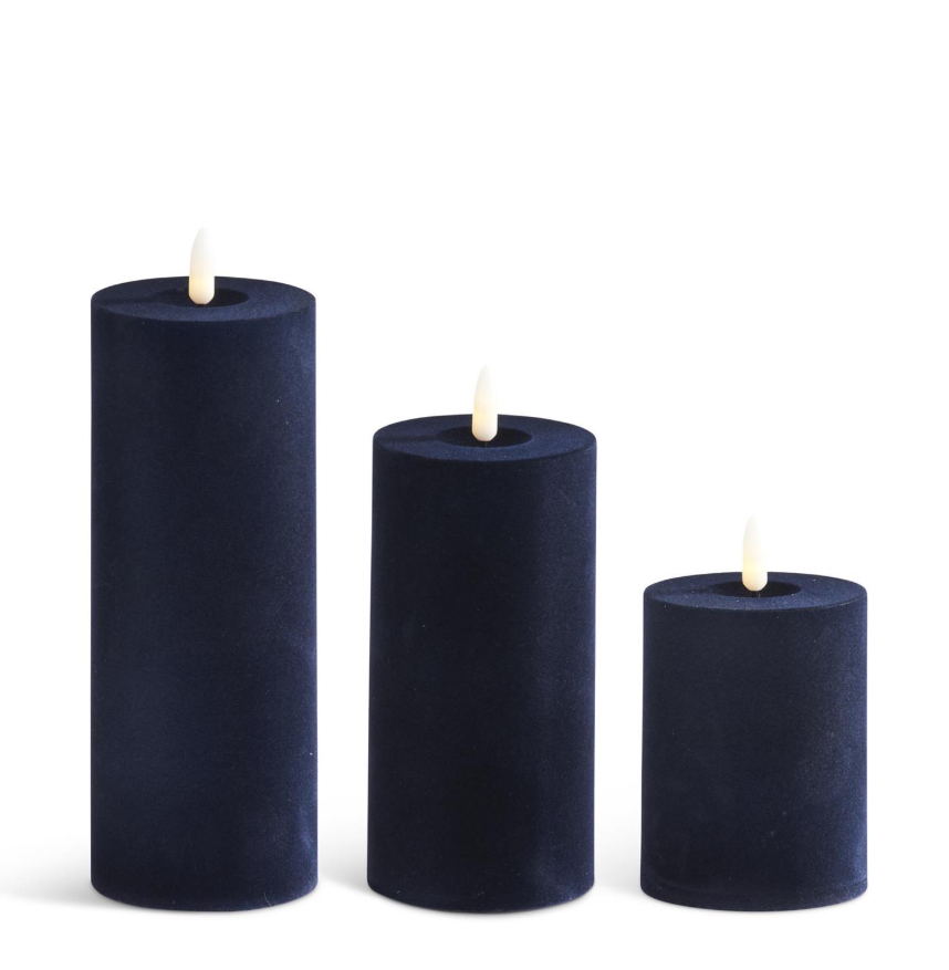 Dark Blue Flocked Flameless Pillar - M