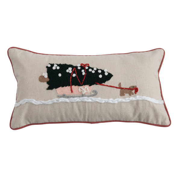 Embroidered Dog + Sleigh Pillow