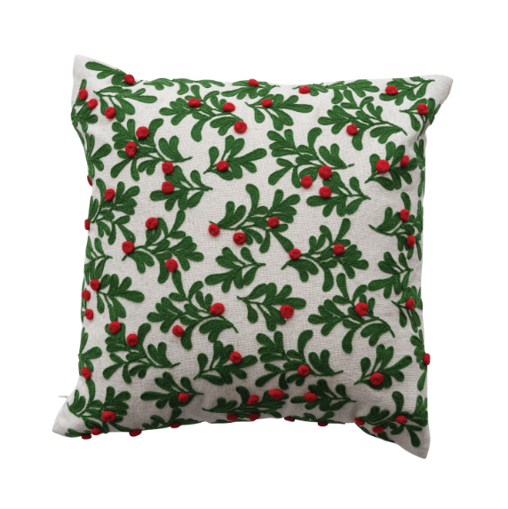 16"SQ Embroidered Mistletoe Pillow