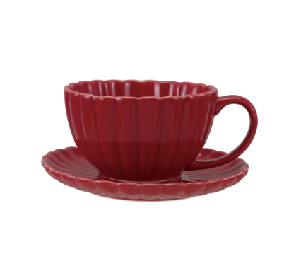 Red Stoneware Ribbed Mug with Saucer
