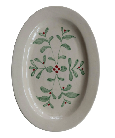 Hand-Painted Stoneware Platter with Mistletoe