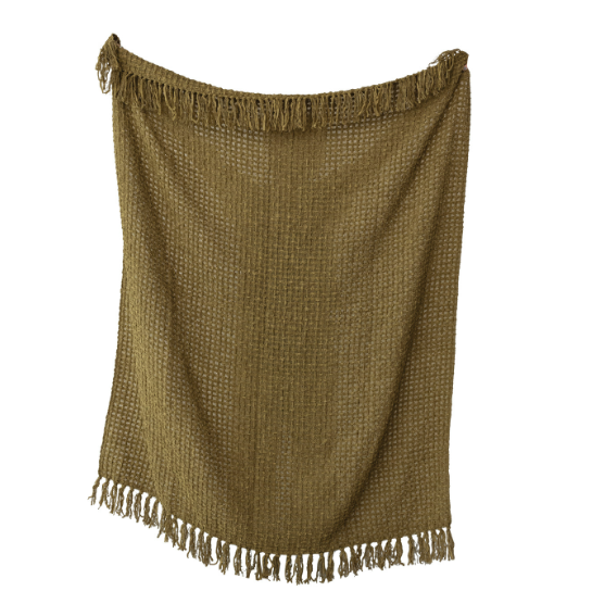 Chenille Waffle Weave Throw with Fringe, Olive