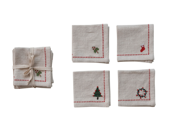 Cotton Cocktail Napkins with Border Stitch, Set of 4