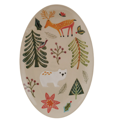 Stoneware Platter w/ Seasonal Animals & Botanicals