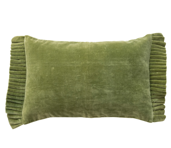 Green Velvet Lumbar Pillow w/ Ruffle Trim