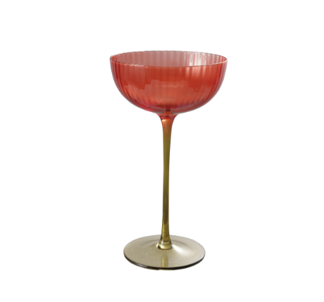 Ribbed Stemmed Coupe Glass, Red & Olive Green
