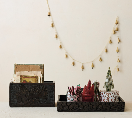 Espresso Finish Mango Wood Tray w/ Leaves & Handles