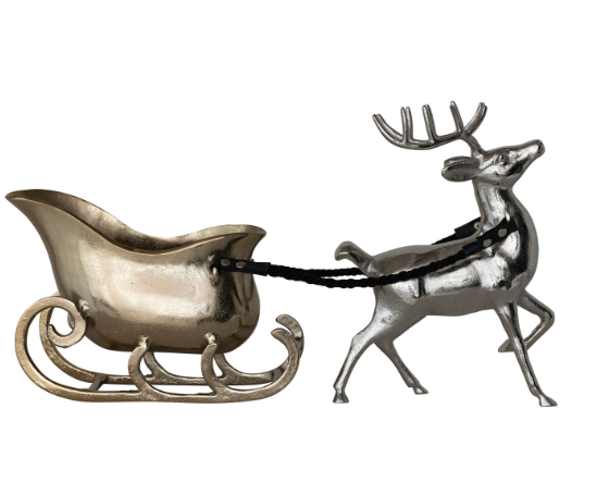 Aluminum Reindeer & Sleigh w/ Cotton & Leather Reins