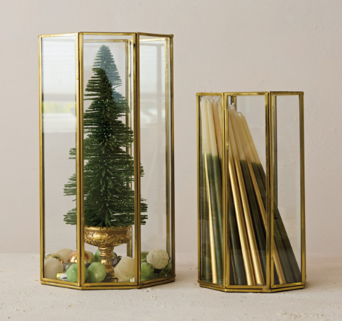 Glass & Brass Octagon Shaped Candle Holder - L