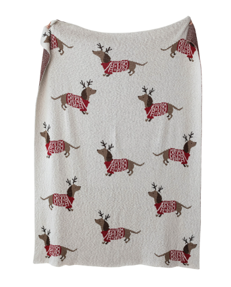 Knit Throw with Daschunds in Antlers & Sweaters