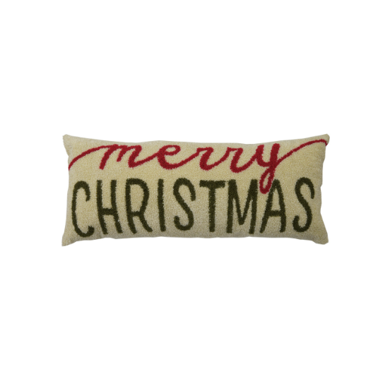 Boucle Lumbar Pillow w/ Embroidered "Merry Christmas"