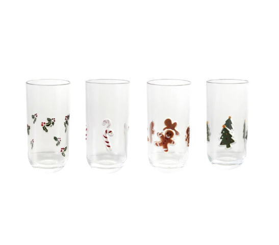 Drinking Glass w/ Holiday Icons - 4 Styles