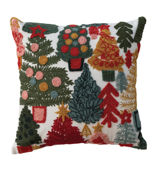 Pillow w/ Embroidered Christmas Trees & Tufting