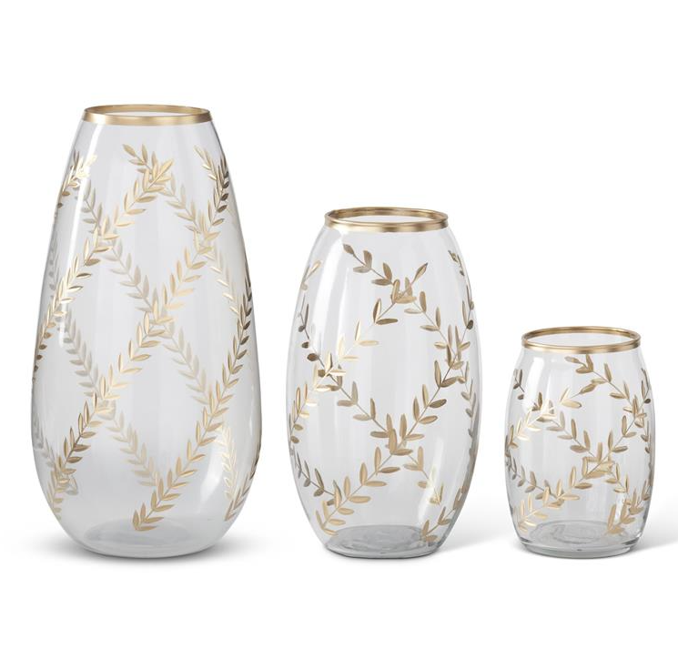 Gold Gilded Leaf Etched Glass Vase - L
