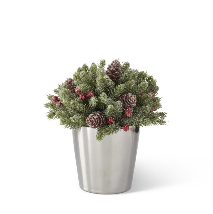 Glittered Pine Ball in Silver Ceramic Pot