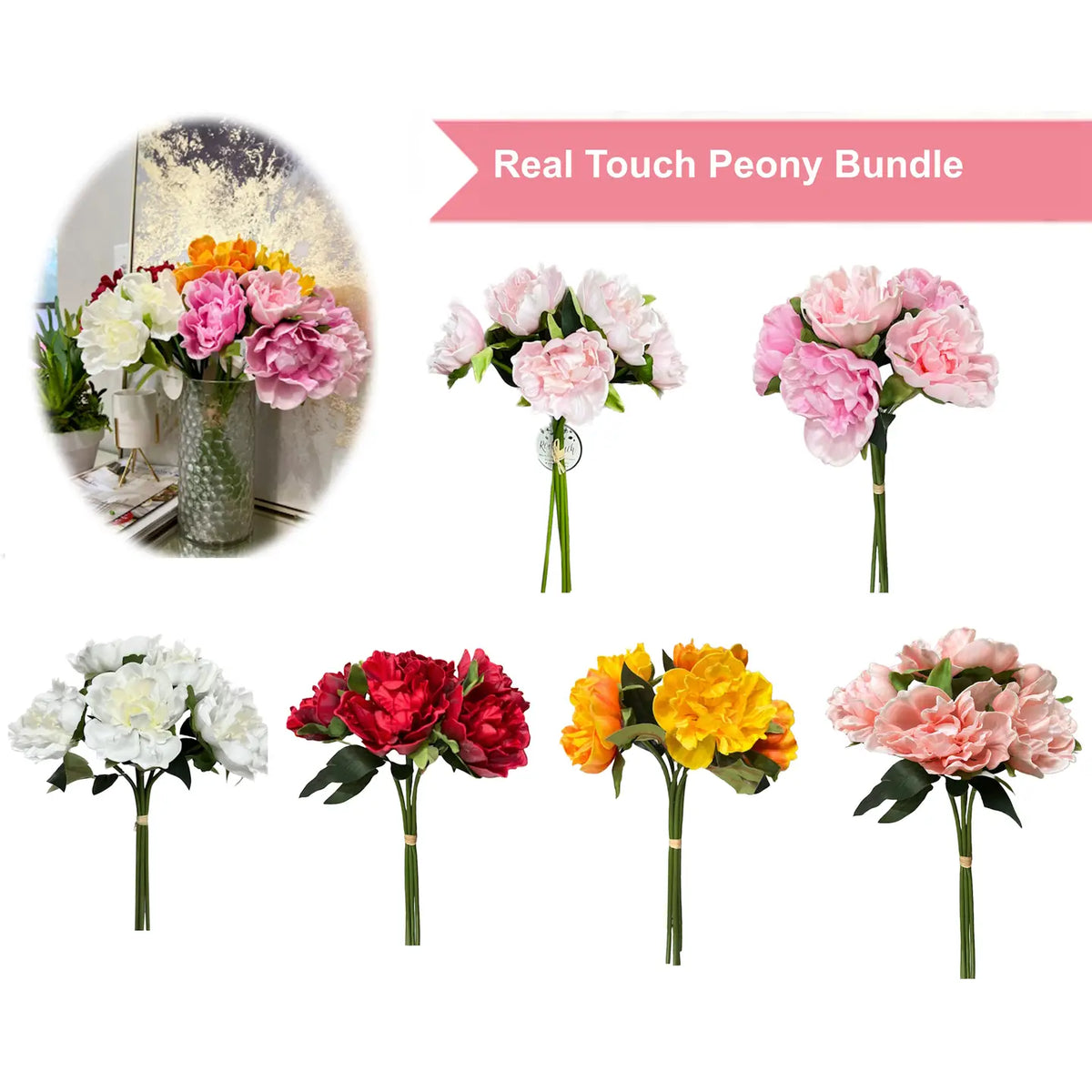 16"-5-stem Bundled-Real Touch Peony Blossom - soft white