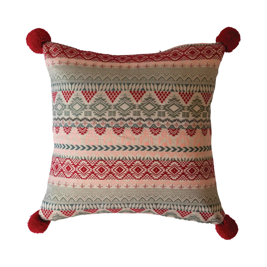 Square woven Pillow w/ red pom pom