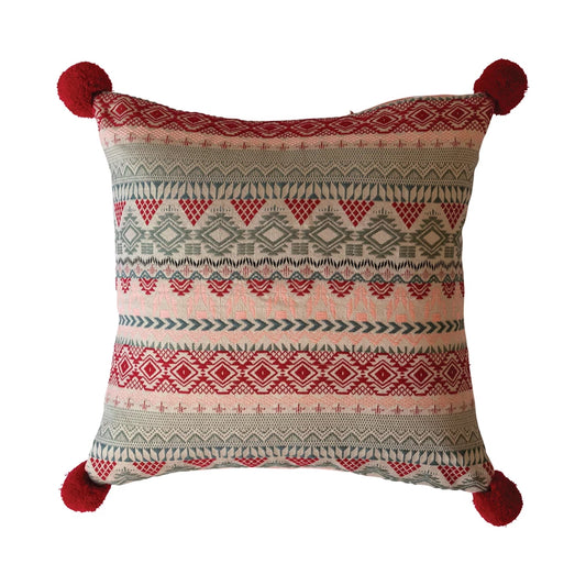 Square woven Pillow w/ red pom pom